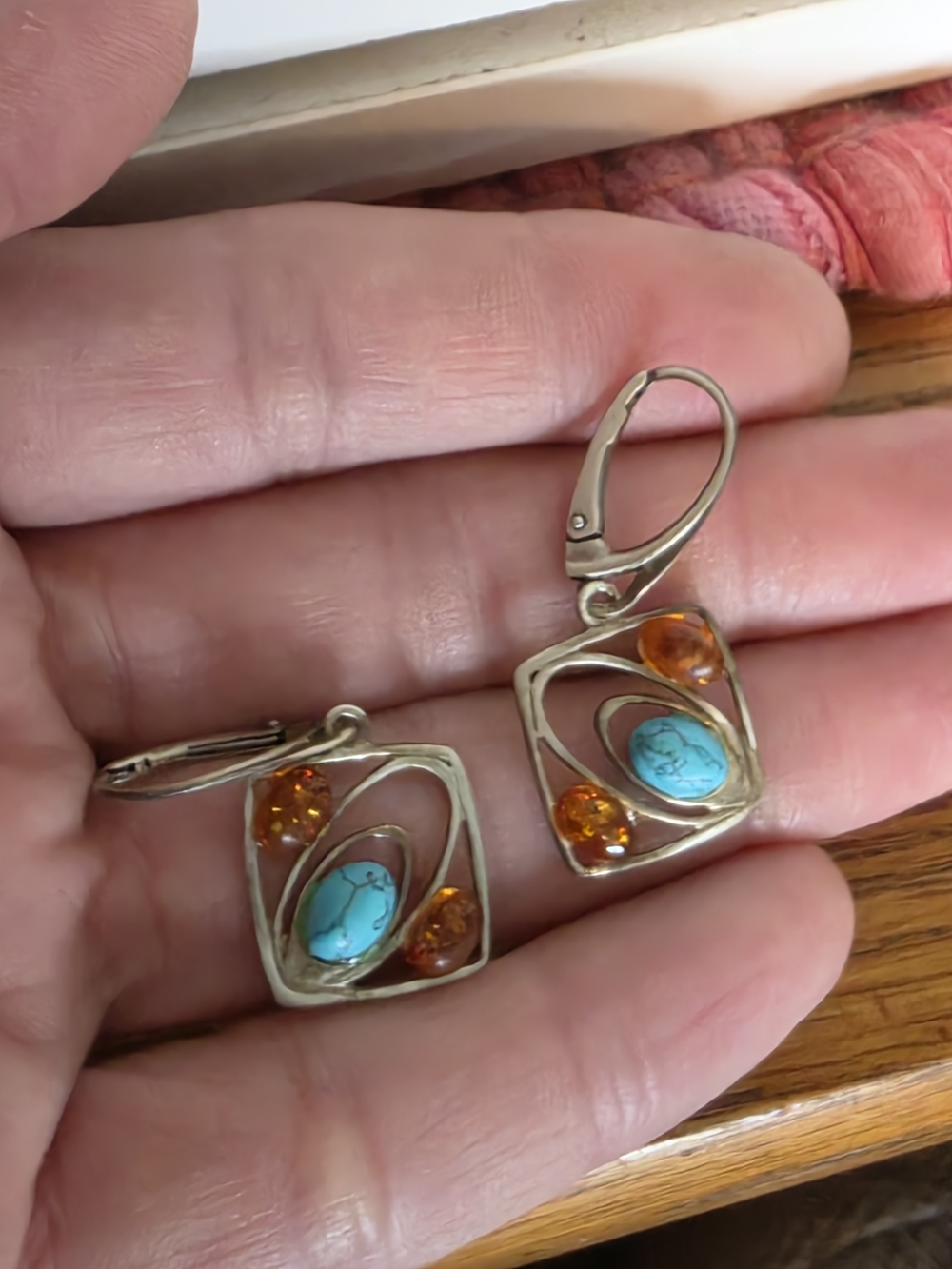 Sterling Silver Turquoise and Amber Drop Earrings - square artisan made handmade